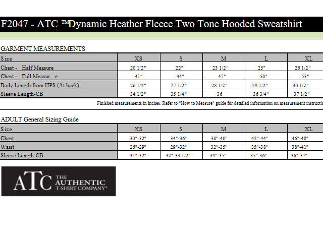 Sizing for F2047 ATC Dynamic Two Tone Hooded Sweatshirt