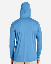 Blue hoodie with a hood on a white background