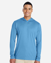 Man wearing a blue hoodie on a white background