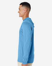 Man wearing a blue hoodie on a white background