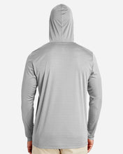 Gray hoodie worn by a person on a white background