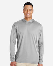 Man wearing a gray hoodie on a white background