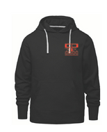 Black hoodie with a logo on the chest against a white background