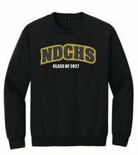 A black crewneck sweatshirt featuring a gold and black arched 'NDCHS' graphic with 'GLASS OF 2027' embroidered in white underneath, displayed on a solid white background.