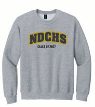 A heather gray crewneck sweatshirt featuring a yellow and black 'NDCHS' graphic with 'CLASS OF 2027' embroidered underneath, displayed on a clean white background.