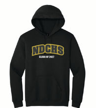 A black pullover hoodie with a front kangaroo pocket and a drawstring hood, featuring a yellow and white graphic on the chest that reads 'NDCHS' with 'CLASS OF 2027' underneath, shown on a plain white background.