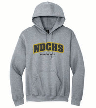 A heather gray pullover hoodie featuring a 'NDCHS GLASS OF 2027' graphic on the chest, displayed against a plain white background.