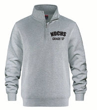 A heather gray quarter-zip sweatshirt with 'NDCHS GRADS '27' embroidered in black on the left chest, displayed on a solid white background.