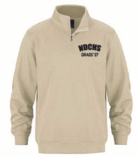 A beige quarter-zip sweatshirt with 'NDCHS GRADS '27' embroidered in black on the left chest, displayed on a clean white background.