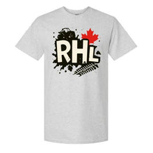 A light heather gray short-sleeve t-shirt with a graphic on the chest featuring the letters 'RHL' in cream with black outlines, a red maple leaf, a black vehicle silhouette, and a black fern frond on a white background.