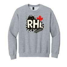 A heather gray crewneck sweatshirt featuring a front graphic with the letters 'RHL' in white, a black car silhouette, a red maple leaf, and a black fern frond on a white background.