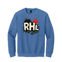 A heather blue crewneck sweatshirt featuring a graphic print on the front with the text 'RHL' in white over a black paint splatter design, accented by a red maple leaf and a black fern frond.