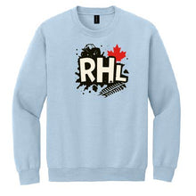 A light blue crewneck sweatshirt featuring a graphic print on the chest with the letters 'RHL' in white with black outlines, a black vehicle silhouette, a red maple leaf, and a black fern frond on a white background.