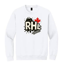 A white crewneck sweatshirt featuring a graphic print on the chest with the letters 'RHL' in beige, a black car silhouette, a black fern frond, and a red maple leaf.