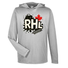 Grey long sleeve hooded performance tshirt with an RHL logo on the front