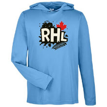 A light blue long-sleeve hooded performance shirt with a front graphic featuring the letters 'RHL' in white with black outlines, a red maple leaf, a black vehicle silhouette, and a silver fern. The inner neck label shows the brand 'TEAM'.