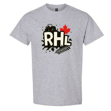 A heather gray short-sleeve crewneck t-shirt featuring a central graphic with the letters 'RHL' in cream with black outlines, a red maple leaf, and a black fern frond on a white background.