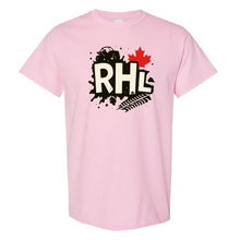 A light pink short-sleeve crewneck t-shirt featuring a central graphic with the letters 'RHL' in white with black outlines, a black car silhouette, a red maple leaf, and a black fern frond on a white background.