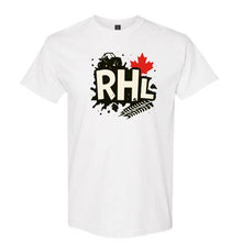 A white short-sleeve crewneck t-shirt featuring a graphic print on the chest with the letters 'RHL' in black and beige, a red maple leaf, and a black spruce fern.