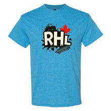 A heather blue short-sleeve t-shirt with a graphic on the chest featuring the letters 'RHL' in white with a black outline, a red maple leaf, a black vehicle silhouette, and a black fern frond on a white background.