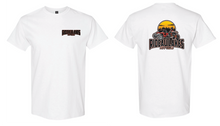 White t-shirt with 'Rio Pulaski' logo on front and sunset graphic on back