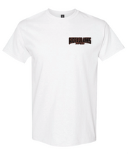 White t-shirt with 'Rio Pulaski' logo on front and sunset graphic on back