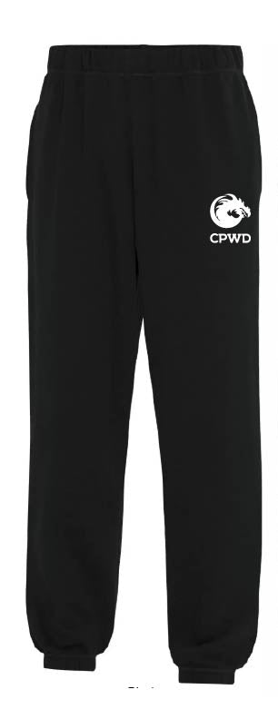Black sweatpants with 'CPWD' logo on a white background