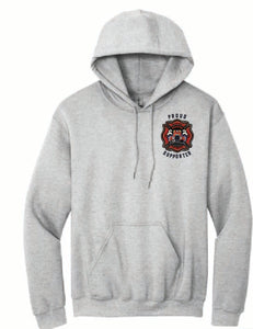 Gray hoodie with 'Ocean Wave Fire Company' text and logo on a white background