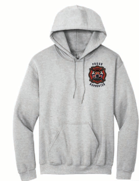 Gray hoodie with 'Ocean Wave Fire Company' text and logo on a white background
