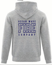 Gray hoodie with 'Ocean Wave Fire Company' text and logo on a white background