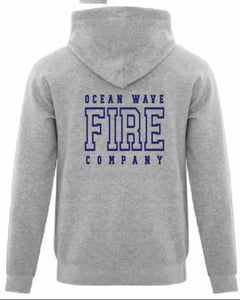 Gray hoodie with 'Ocean Wave Fire Company' text and logo on a white background