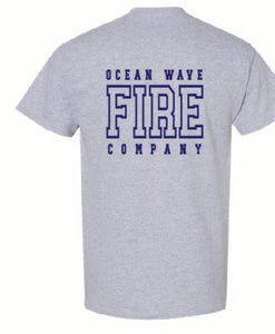 Light grey t-shirt with 'Ocean Wave Fire Company' text and logo on a white background