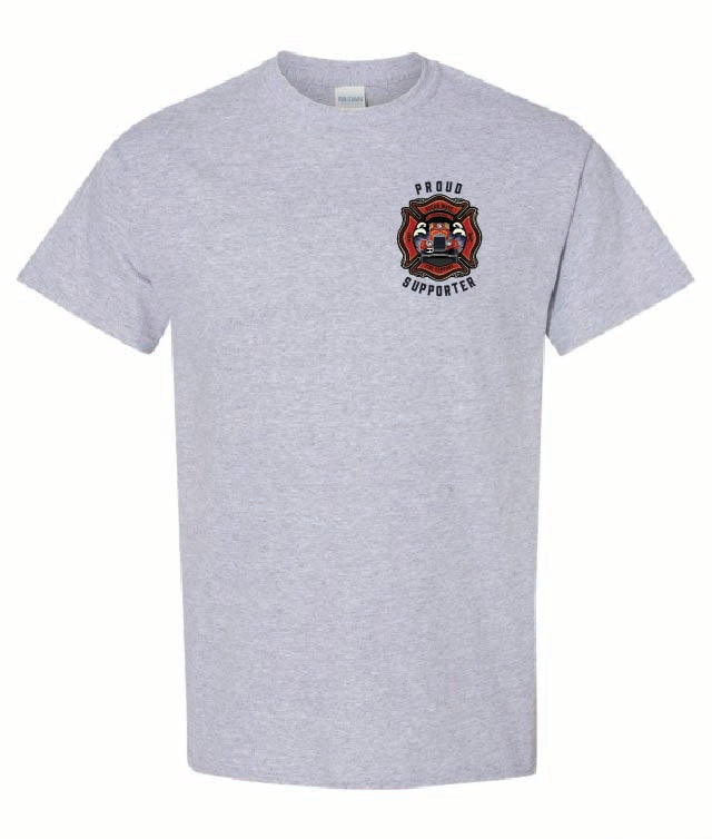 Light grey t-shirt with 'Ocean Wave Fire Company' text and logo on a white background