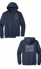 Navy blue hoodie with 'Ocean Wave Fire Company' text on the back, displayed from front and back views.