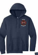 Navy blue hoodie with 'Ocean Wave Fire Company' text on the back, displayed from front and back views.
