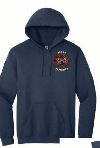 Navy blue hoodie with 'Ocean Wave Fire Company' text on the back, displayed from front and back views.