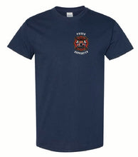 Navy blue t-shirt with a logo on the chest and text on the back, displayed against a white background.