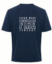 Navy blue t-shirt with a logo on the chest and text on the back, displayed against a white background.
