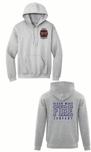Gray hoodie with 'Ocean Wave Fire Company' text and logo on a white background