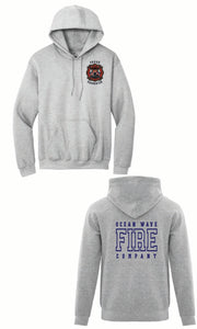 Gray hoodie with 'Ocean Wave Fire Company' text and logo on a white background