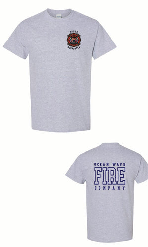 Light grey t-shirt with 'Ocean Wave Fire Company' text and logo on a white background