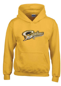 Gold hoodie with CYCLONES logo in twill and embroidered